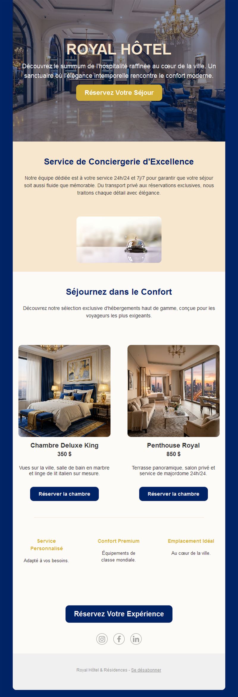 Email de grand hôtel avec conciergerie