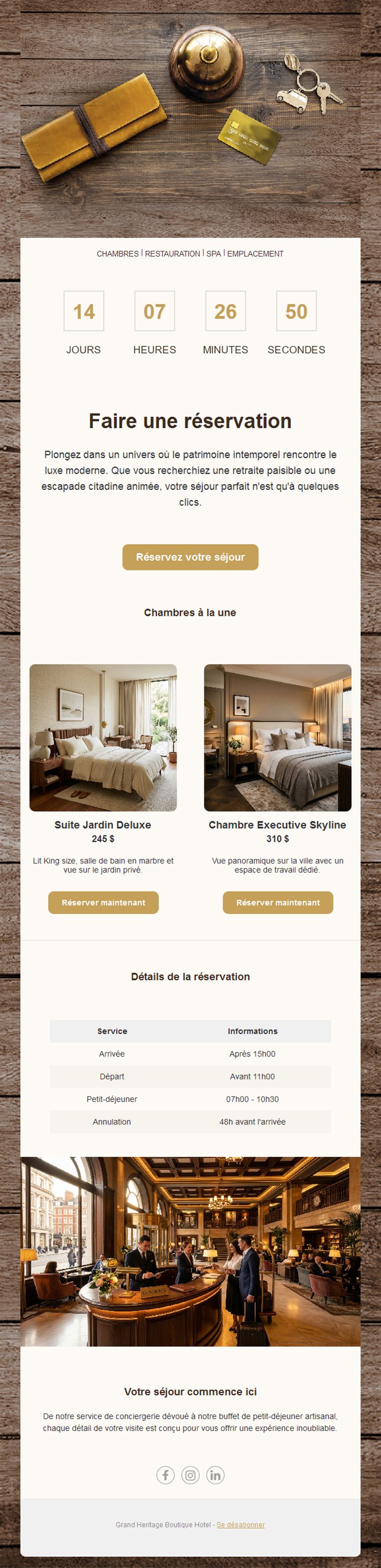 Email de réservation d'hôtel avec compte à rebours