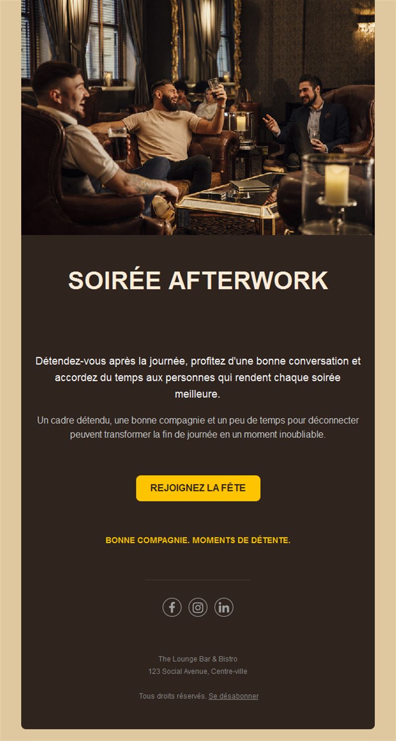 Modèle d'email afterwork dans un lounge