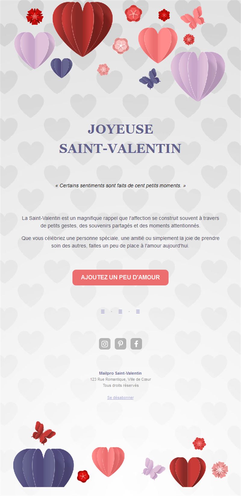 Email Saint-Valentin cœurs lilas en papier