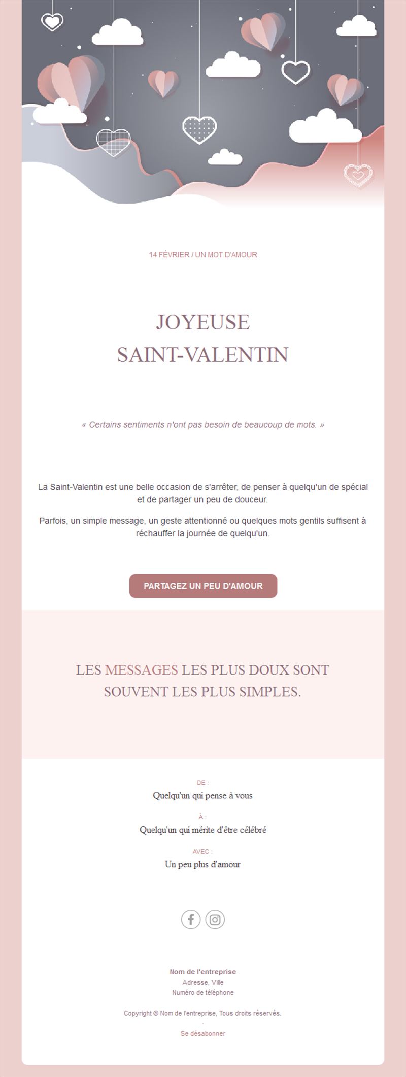 Email gris et rose de mot d'amour
