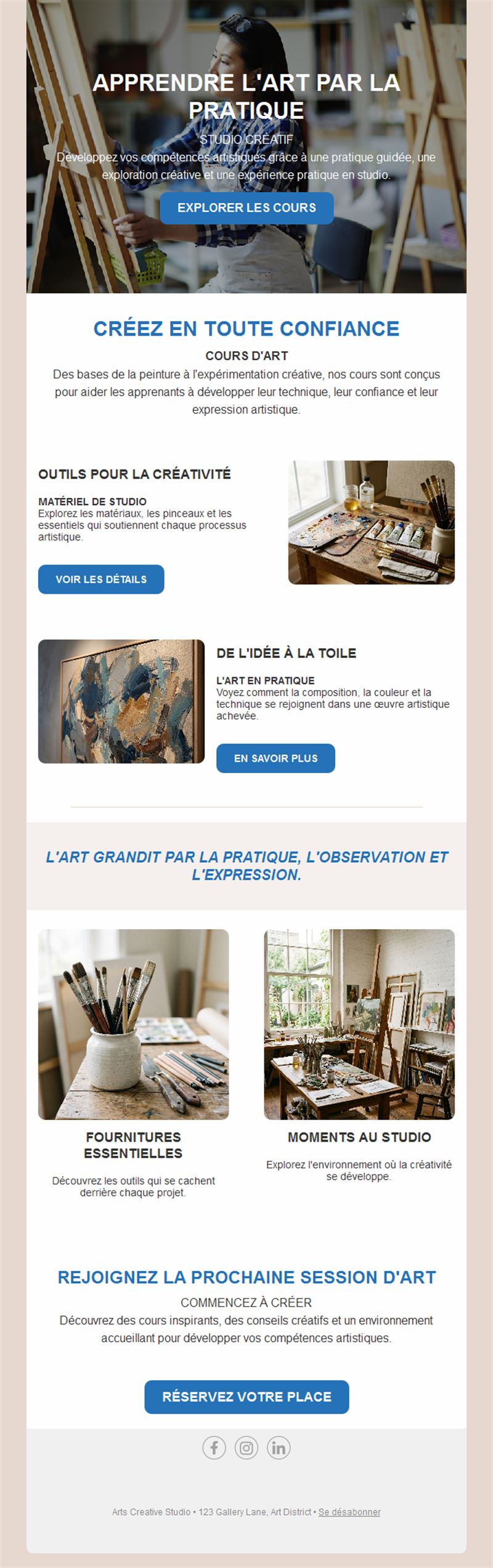 Newsletter de cours d'art et fournitures