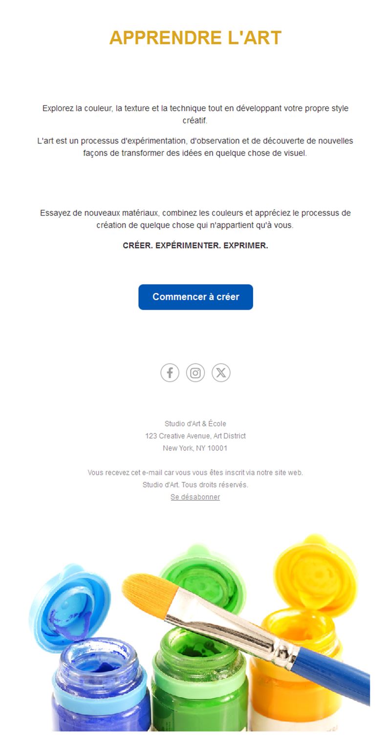 Email simple de cours d'art avec pots de peinture