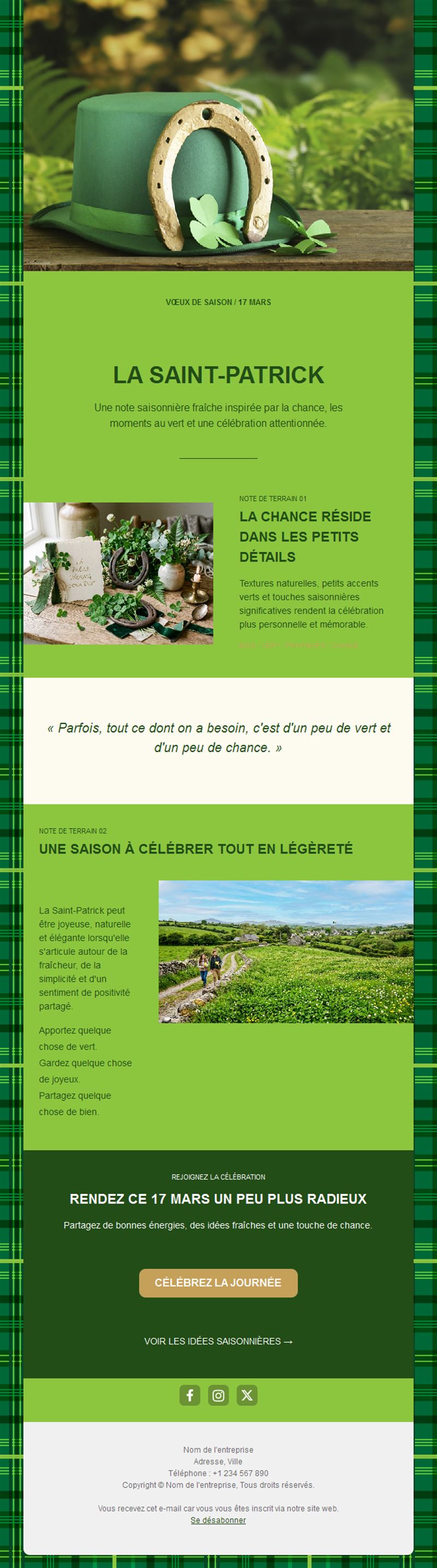 Newsletter Saint-Patrick en tartan vert