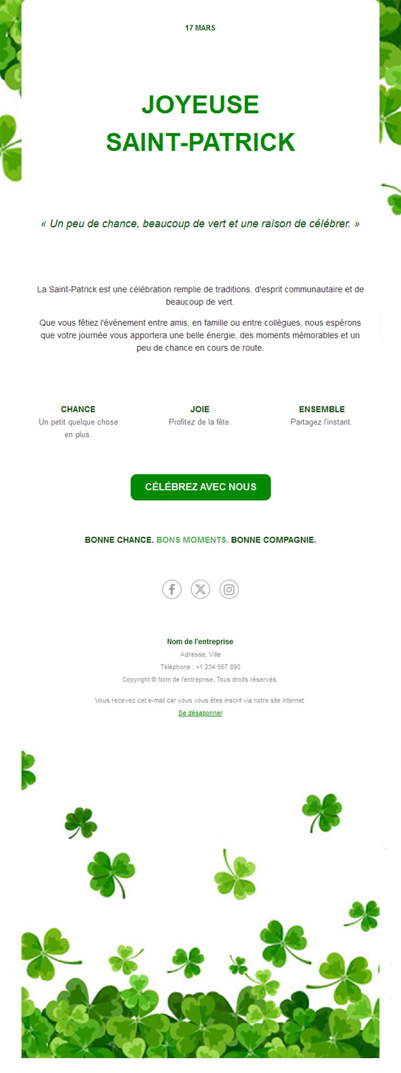 Email de vœux Saint-Patrick avec trèfles