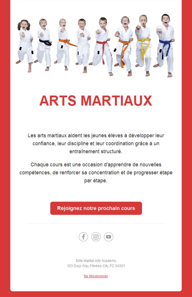 Email de cours de karaté pour enfants