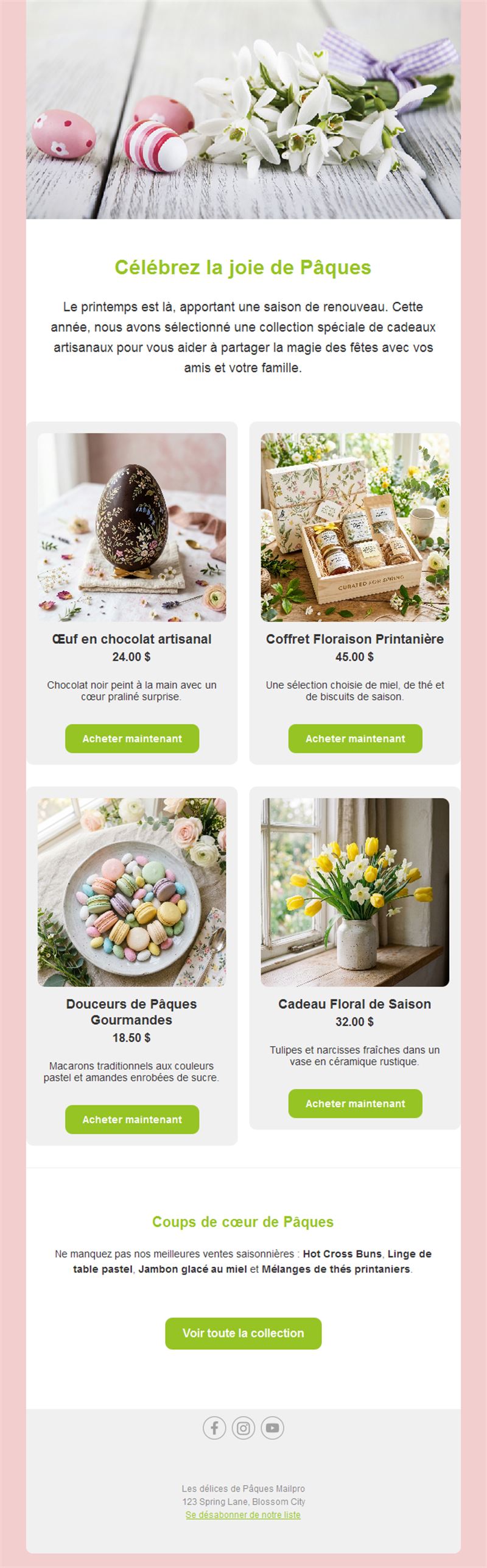 Email boutique de Pâques avec produits