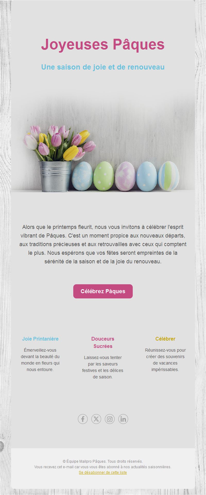 Email de Pâques œufs pastel et tulipes