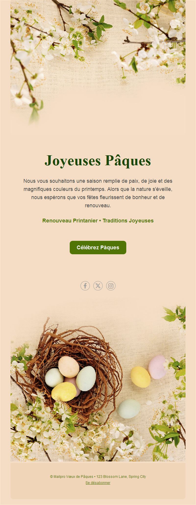 Email Joyeuses Pâques avec fleurs de printemps