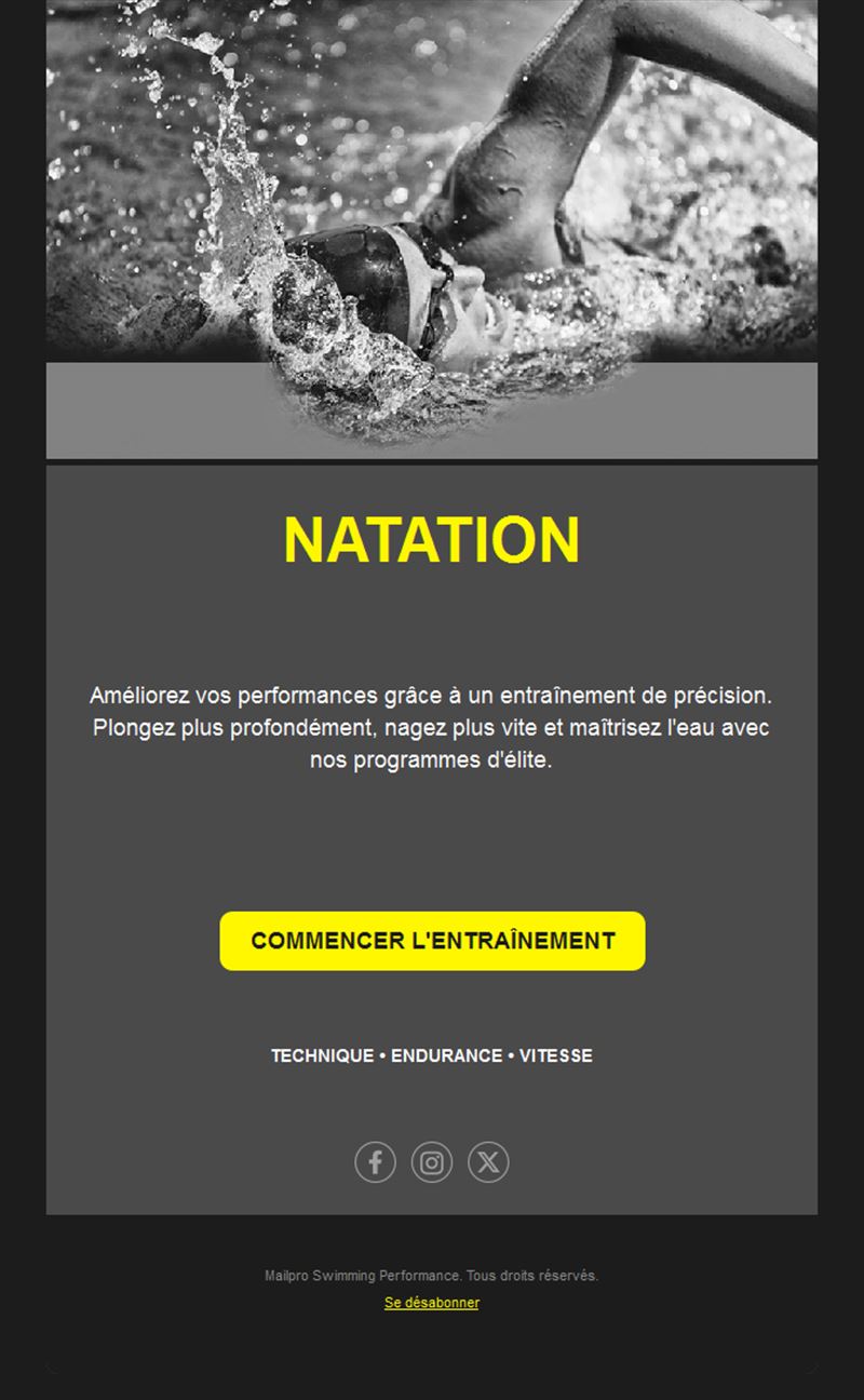 Email d'entraînement de natation sportive