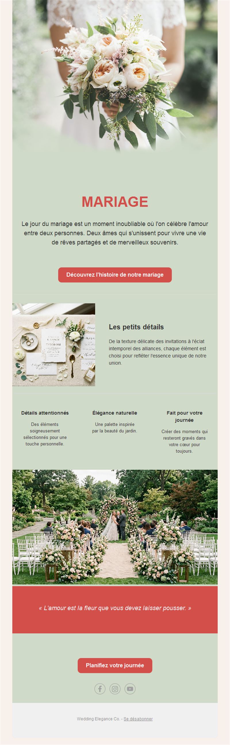 Email de mariage avec bouquet de mariée