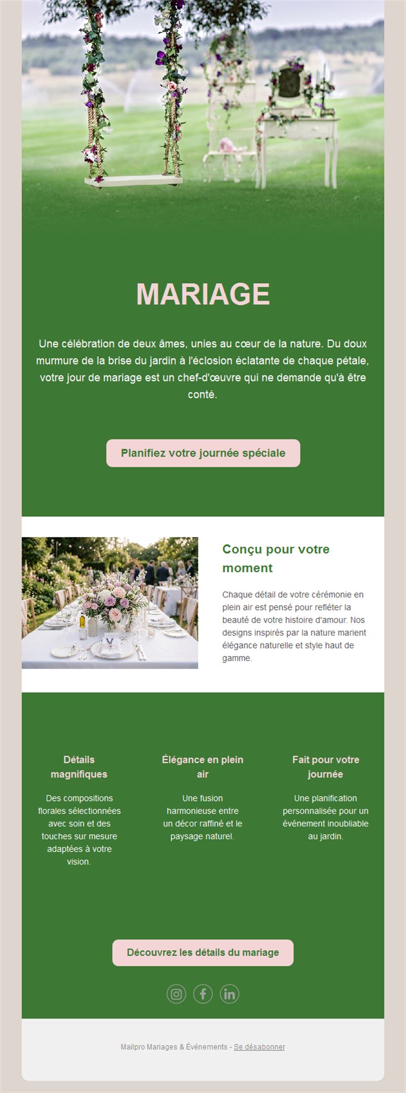 Email de mariage en plein air au jardin