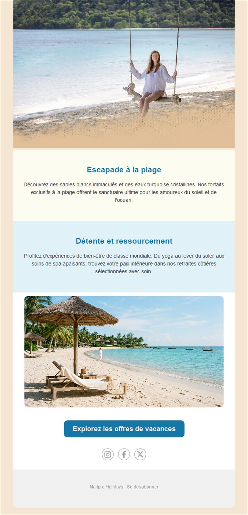 Email d'escapade plage et bien-être