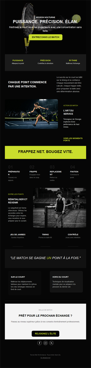 Email de match de tennis en nocturne