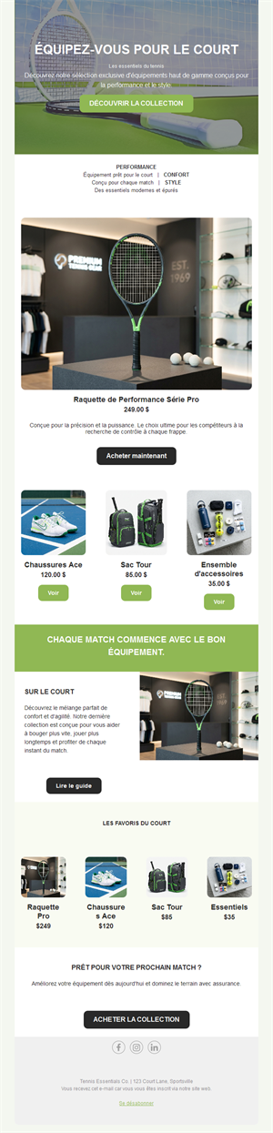 Email de boutique de matériel de tennis