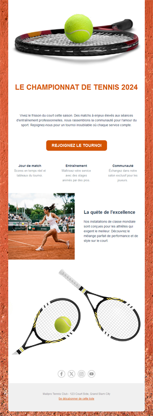 Email de championnat de tennis sur terre battue