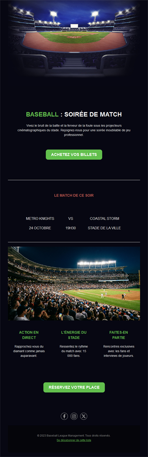 Email de billets pour un match de baseball de nuit