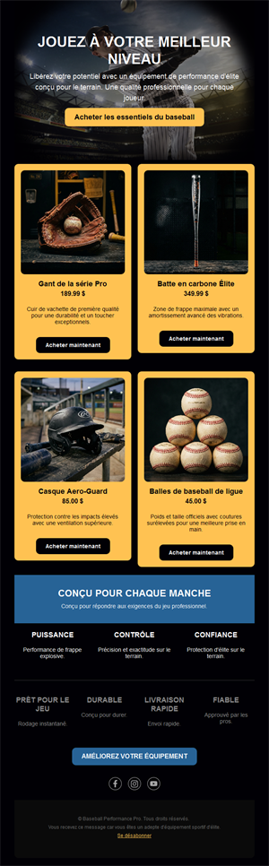 Email de vente d'équipement baseball premium