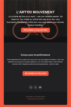 Email de collection d'équipement vélo