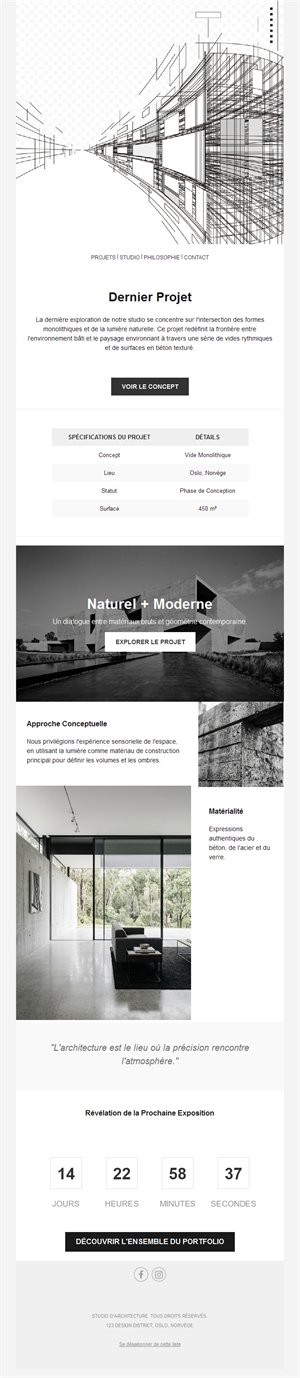 Email de projet d'architecture avec croquis