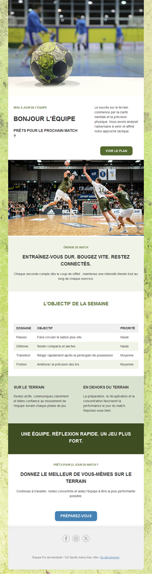Email d'équipe de handball avec plan hebdo
