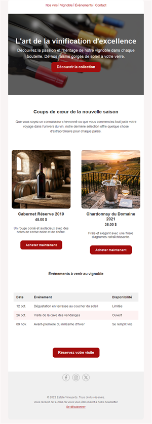 Newsletter de domaine viticole avec événements