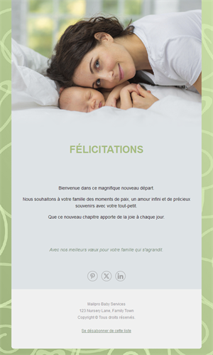 Email vert de félicitations pour une naissance