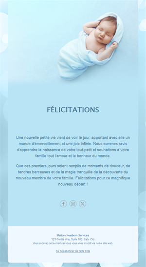 Email bleu de félicitations de naissance