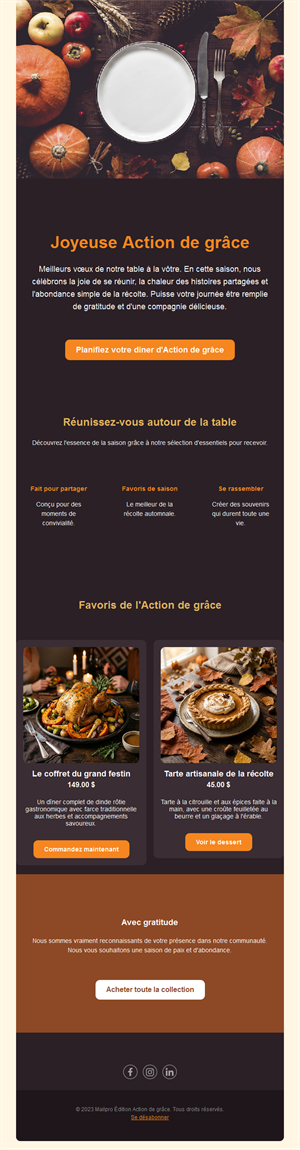 Email pour organiser le dîner de Thanksgiving