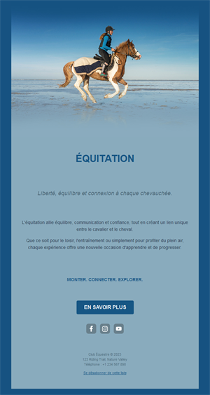 Email bleu d'équitation en bord de mer