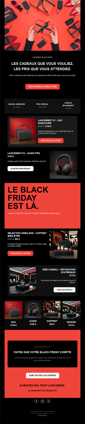 Email rouge de cadeaux et offres Black Friday