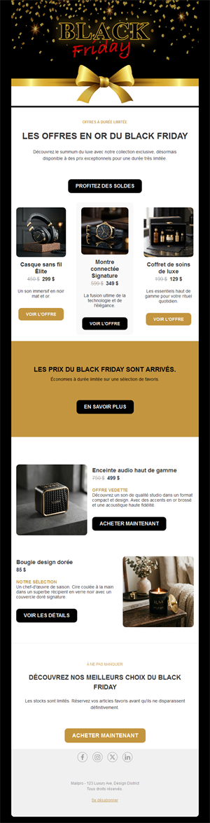 Email noir et or de bons plans Black Friday
