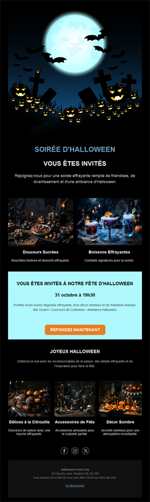 Modèle d'email soirée Halloween avec menu