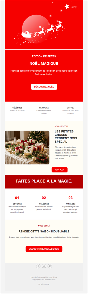 Email de Noël rouge avec traîneau du père Noël