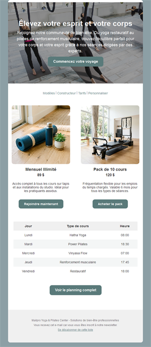 Email abonnements et planning yoga Pilates