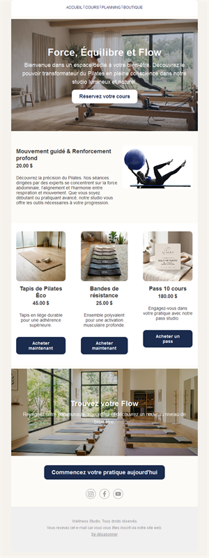 Email cours et boutique de studio de Pilates