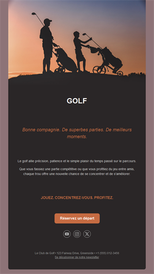 Email de golf entre amis avec réservation