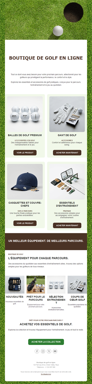 Email boutique de golf avec produits