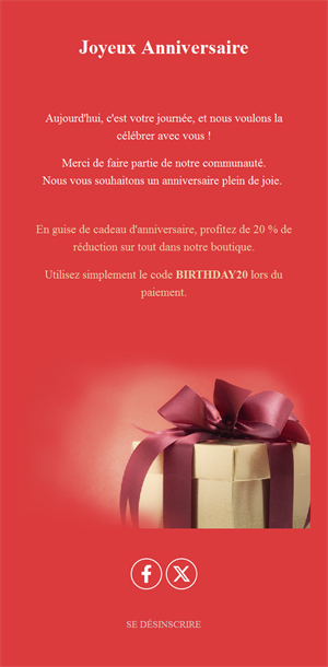Email rouge classique d'anniversaire avec remise