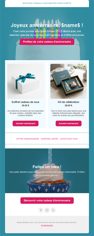 Email bleu-vert de cadeaux d'anniversaire