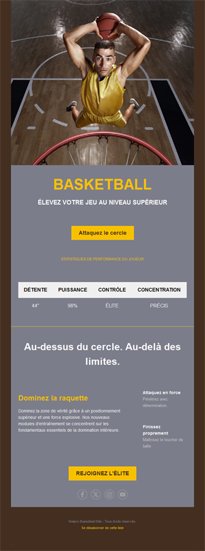 Email de programme de basket élite