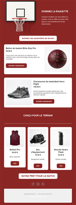 Email rouge de boutique de basket