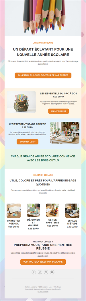 Email de boutique de fournitures scolaires