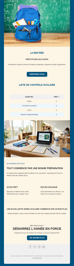 Email de rentrée avec liste de fournitures