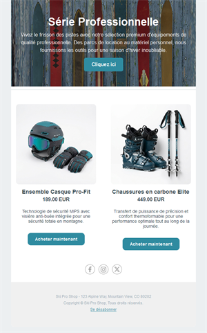 Email de matériel de ski professionnel