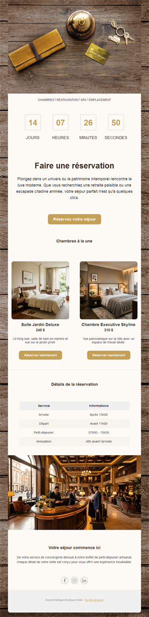 Email de réservation d'hôtel avec compte à rebours