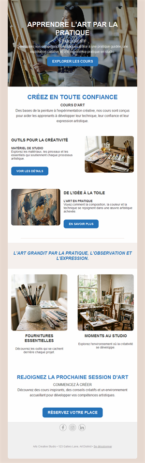 Newsletter de cours d'art et fournitures
