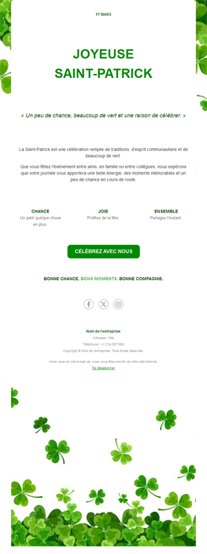 Email de vœux Saint-Patrick avec trèfles