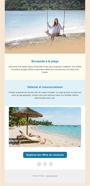 Email d'escapade plage et bien-être