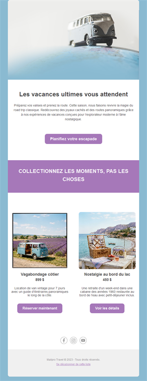 Email d'offres de road trip
